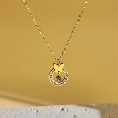 Steel necklace with butterfly pendant and rhinestone circle