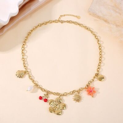 Gold necklace with cherry flower, sun and pearl charms