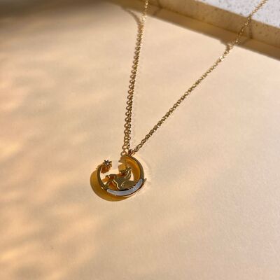 Unicorn and Pearly Moon Pendant Necklace in Stainless Steel