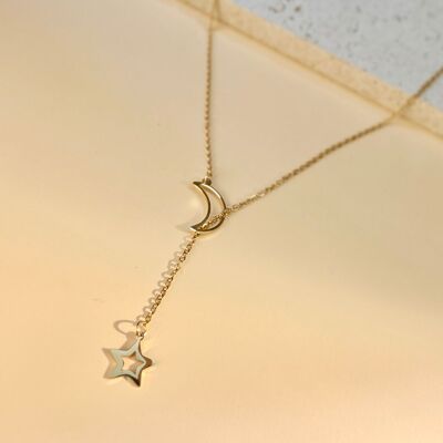 Gold Y-Shaped Necklace – Steel Moon and Star Pendant