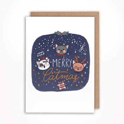 Carte Noel - Chorale de chat Bleue - Merry Catmas