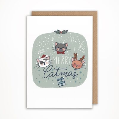 Christmas Card - Green Cat Choir - Merry Catmas
