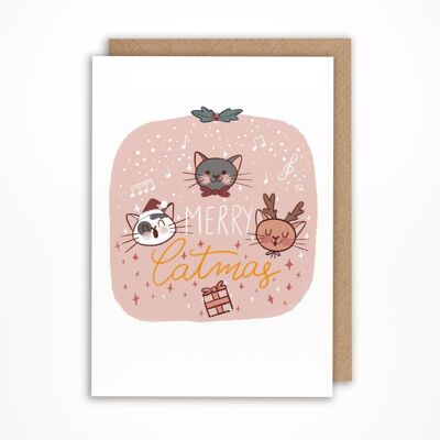 Christmas Card - Pink Cat Choir - Merry Catmas