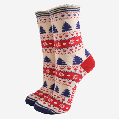 Calzini da donna in bambù - Crema/Rosso, Albero di Natale Fair Isle