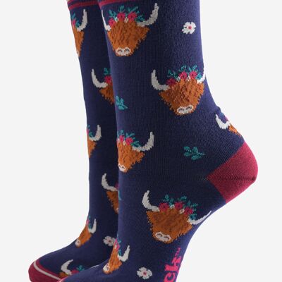 Calzini da donna in bambù - Blu navy/bordeaux, Winter Highland Cow