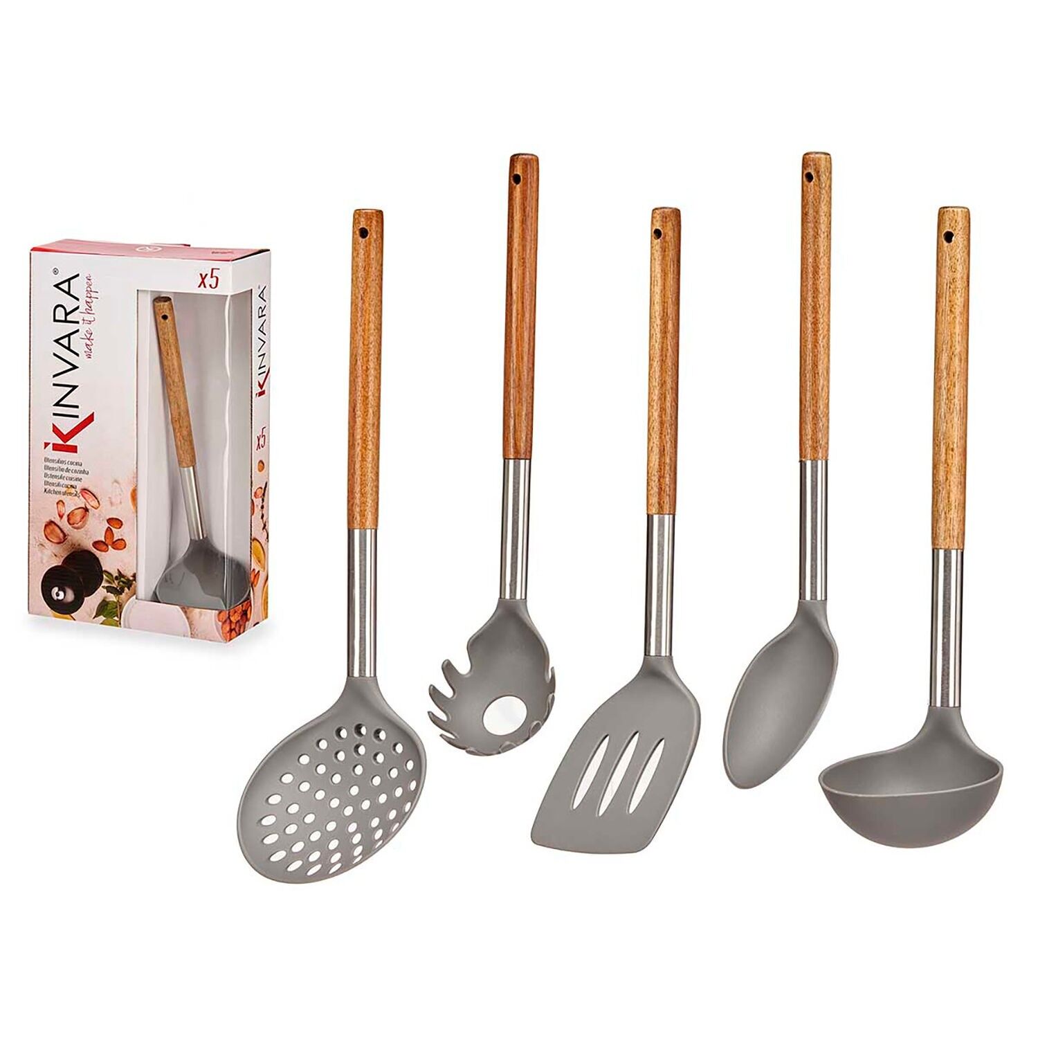 SET DI 5 UTENSILI DA CUCINA in legno e acciaio inox.Colore: Legno