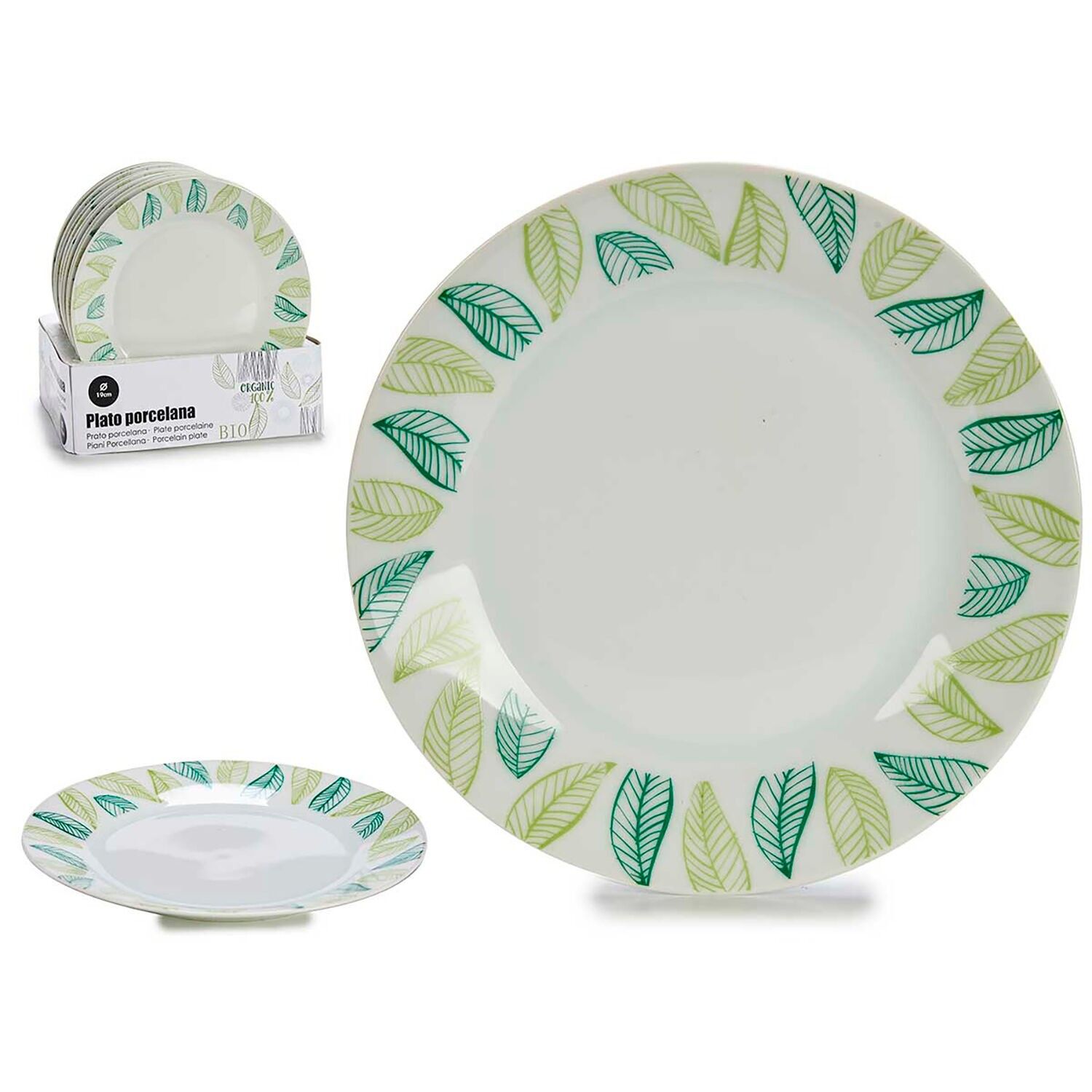 PACK OF 10 PORCELAIN DESSERT PLATES 19CM LEAVES Color: White