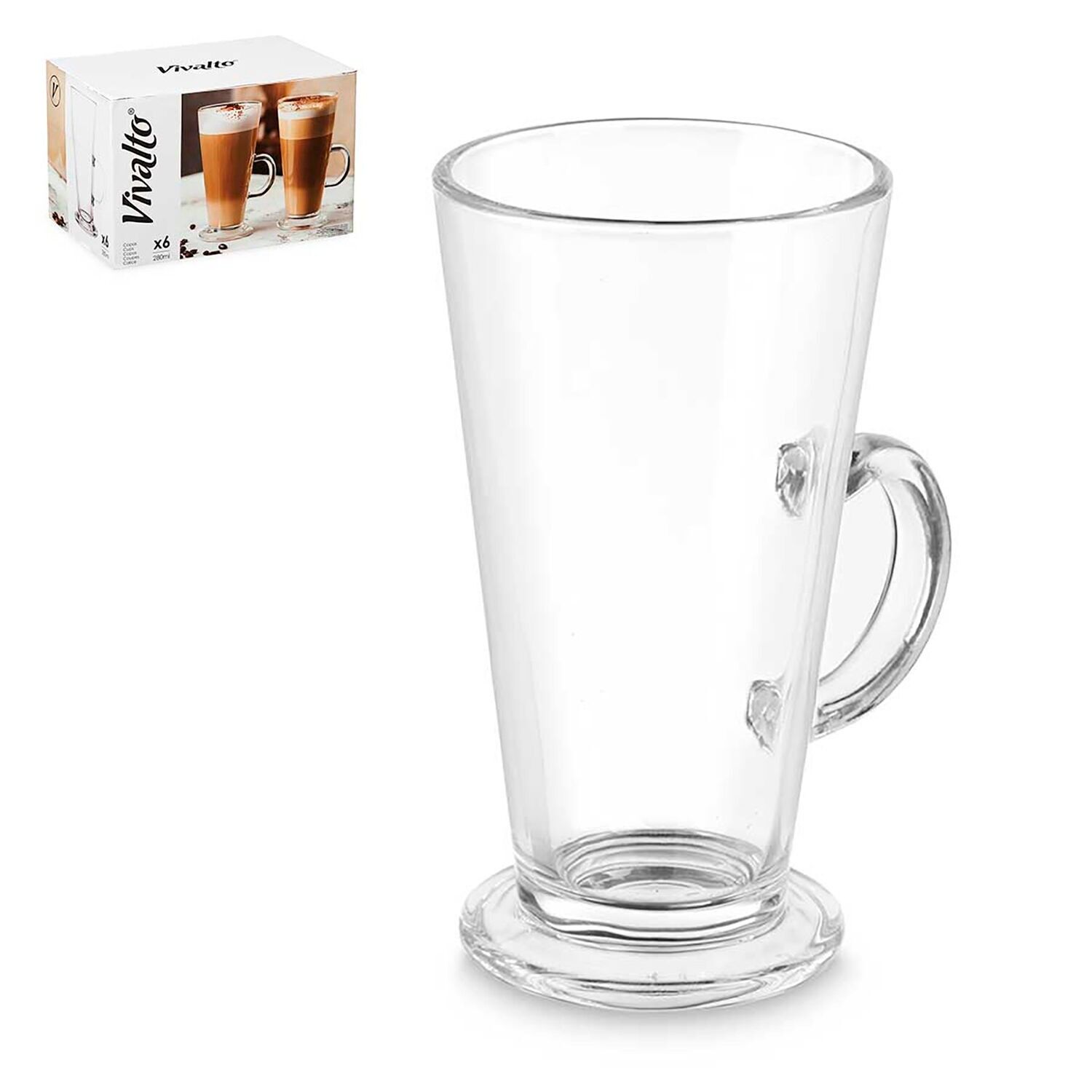 PACK OF 6 GLASS CAFE LATTE CUPS 280ML Color: Transparent