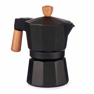 3-CUP BLACK ALUMINUM COFFEE POT WITH WOODEN HANDLE Color: Black