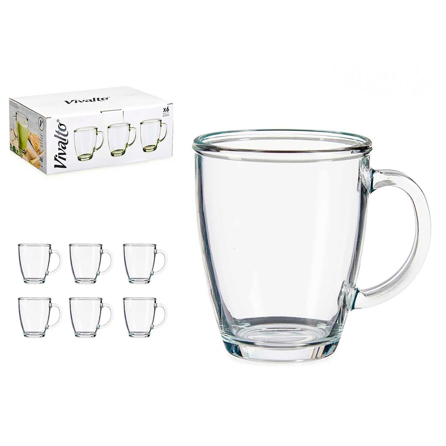 PACK OF 6 BREAKFAST GLASS MUGS 310 ML WITH HANDLE Color: Transparent