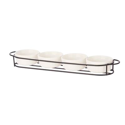 4-piece appetizer set with porcelain stand. Color: White.
