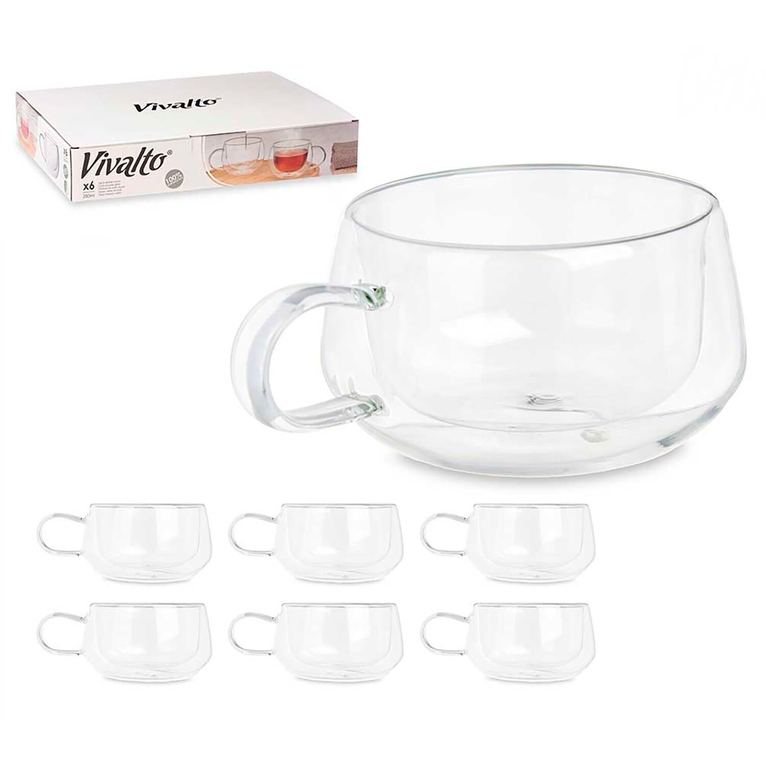 Pack de 6 tazas para té de borosilicato con doble pared y 280 ml de capacidad. Color:Transparente