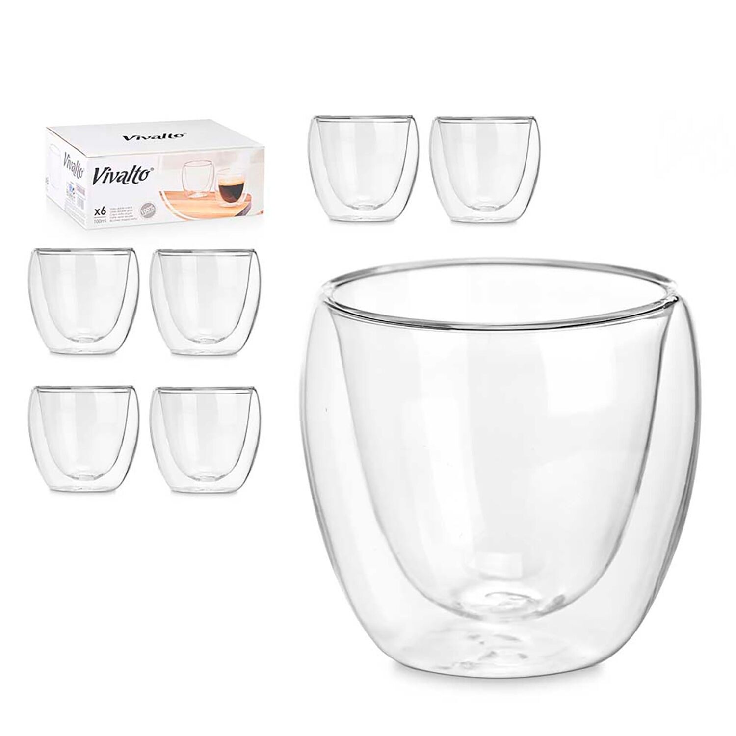 Pack de 6 vasos para café de borosilicato con doble pared y 100 ml de capacidad. Color:Transparente