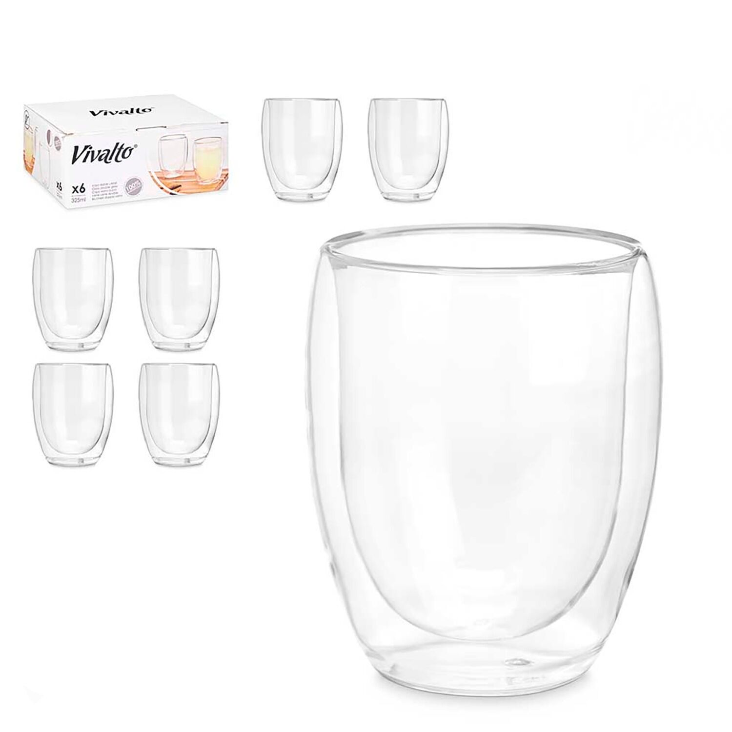 Pack de 6 vasos para refrescos de borosilicato con doble pared y 326 ml de capacidad. Color:Transparente