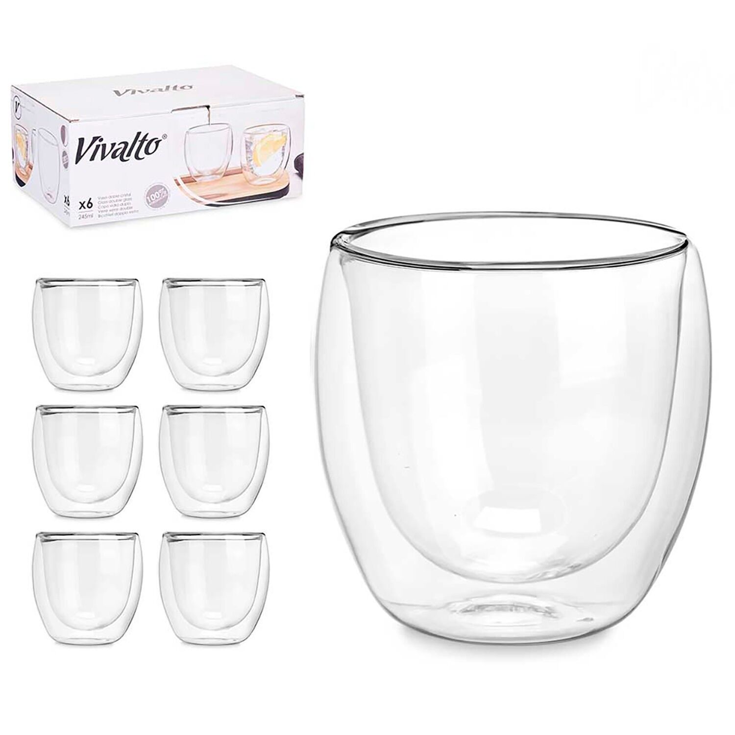 Pack de 6 vasos para agua de borosilicato con doble pared y 246 ml de capacidad. Color:Transparente