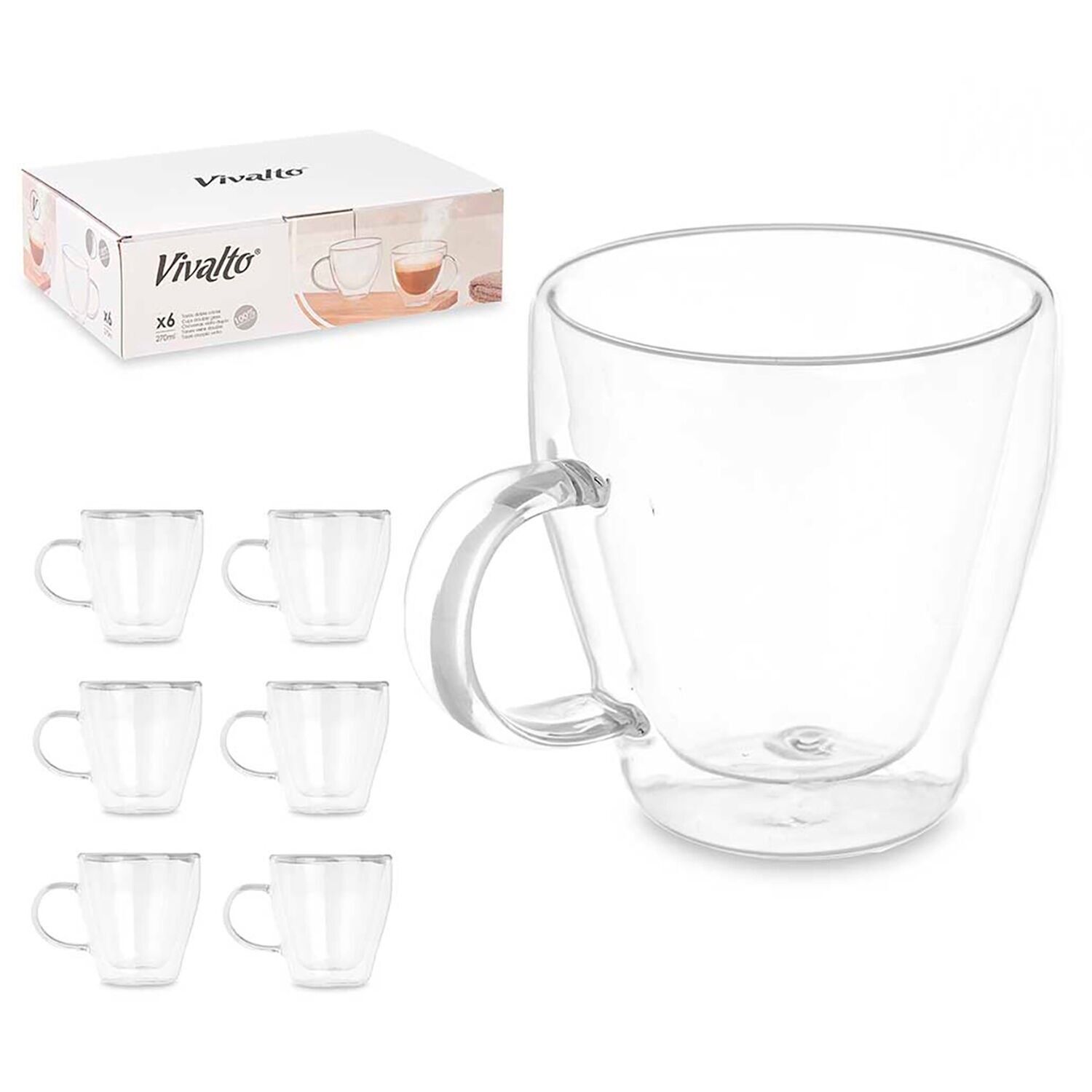 Pack de 6 tazas para desayuno de borosilicato con doble pared y 270ml de capacidad. Color:Transparente