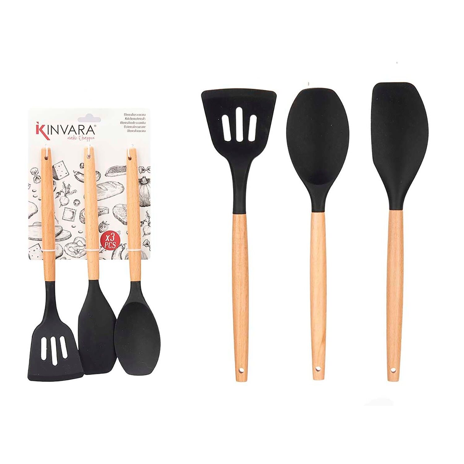 SET DI 3 PALE DA CUCINA IN SILICONE DI LEGNO NERO Colore: Legno/Nero