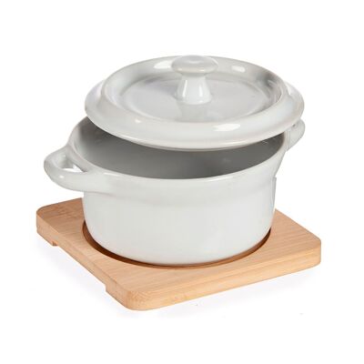 ROUND CERAMIC CASSEROLE WITH BAMBOO BASE Color: White