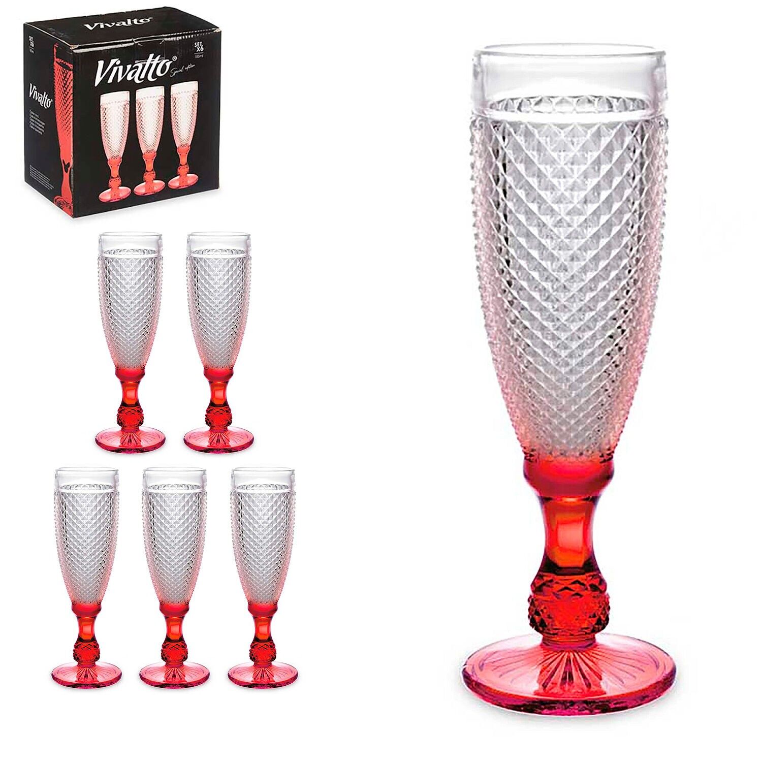 PACK OF 6 DIAMANTE CAVA GLASSES WITH TRANSPARENT RED FOOT 185 ML Color: Transparent/Red