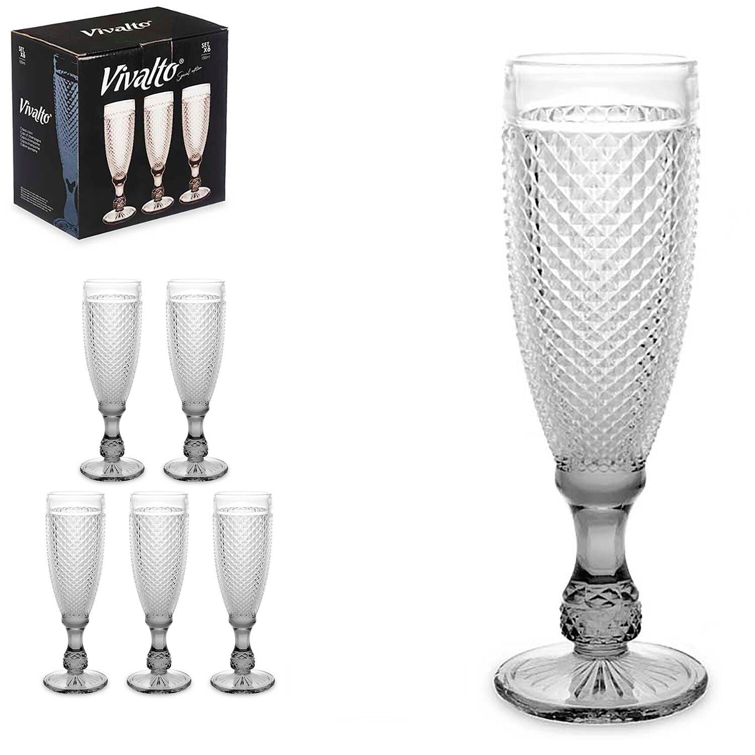 PACK OF 6 DIAMANTE CAVA GLASSES TRANSP ANTHRACITE FOOT 185 ML Color: Transparent/Dark Grey