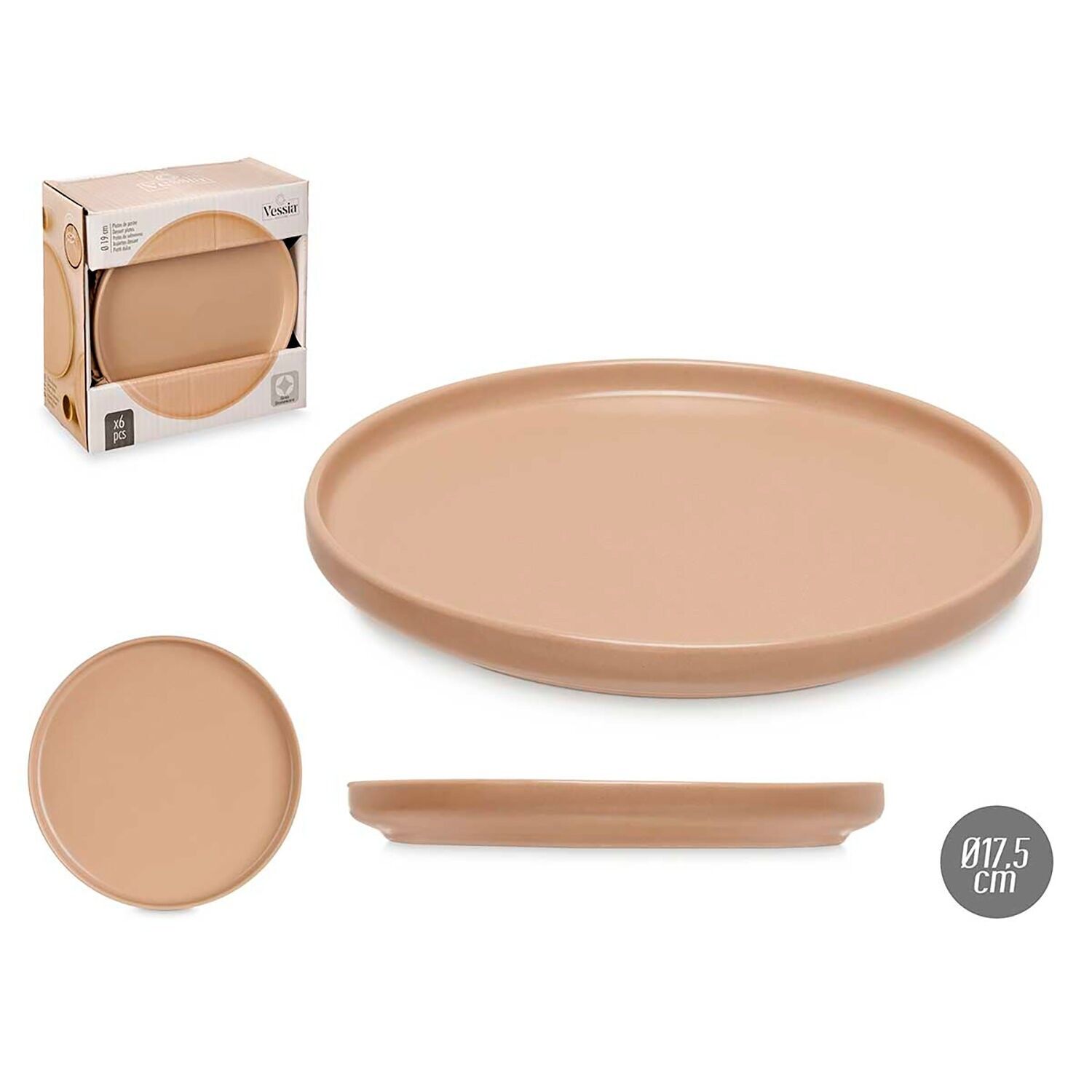 PACK OF 6 BEIGE STONEWARE DESSERT PLATES 21CM Color: Beige