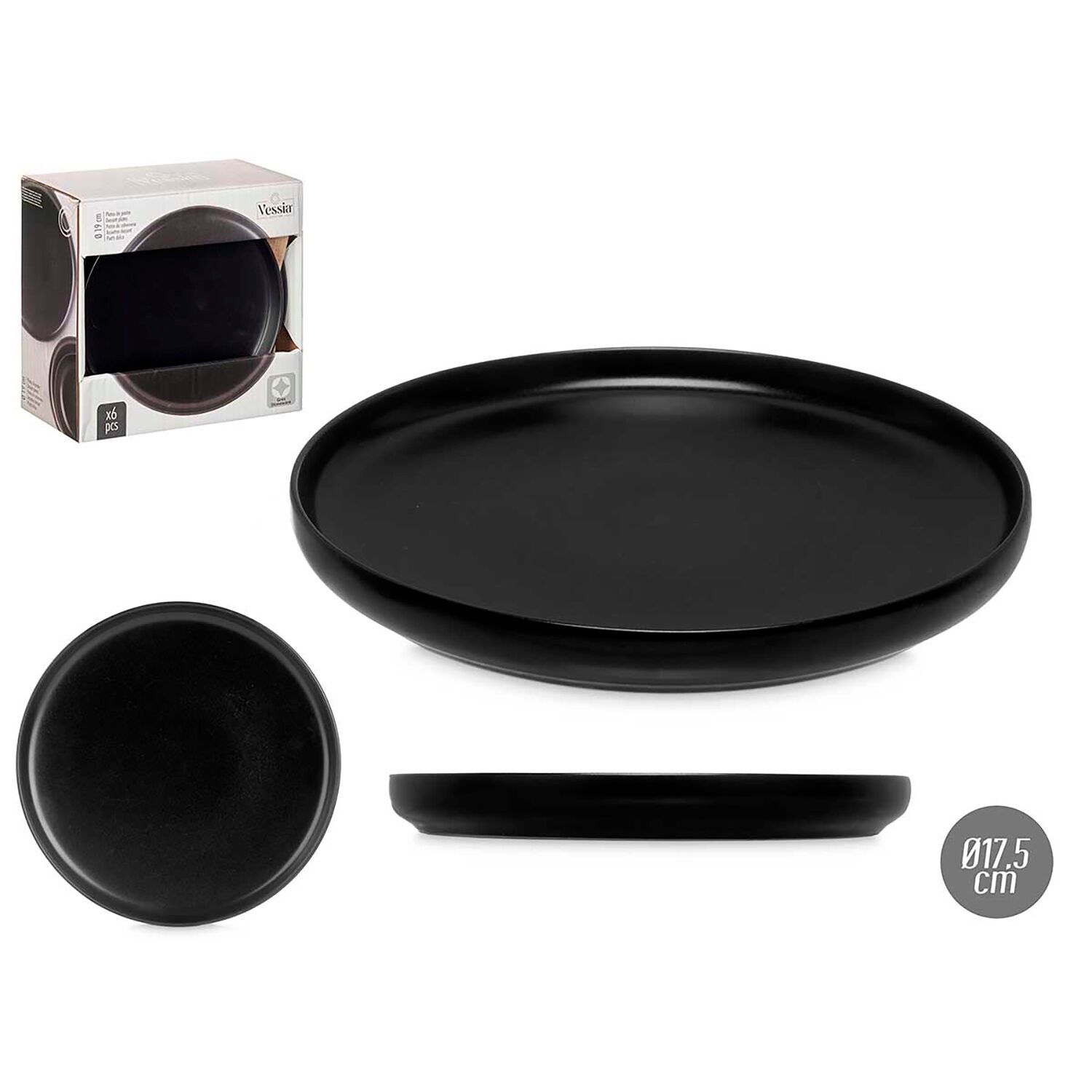 PACK OF 6 BLACK STONEWARE DESSERT PLATES 20.5 CM Color: Black