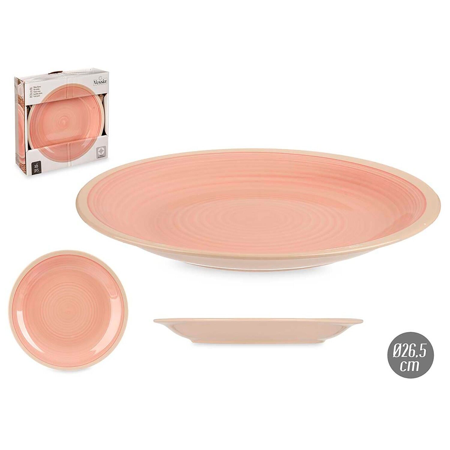 PACK OF 6 LARGE PLATES, PORCELAIN STONEWARE, PINK RIM, 26CM Color: Pink