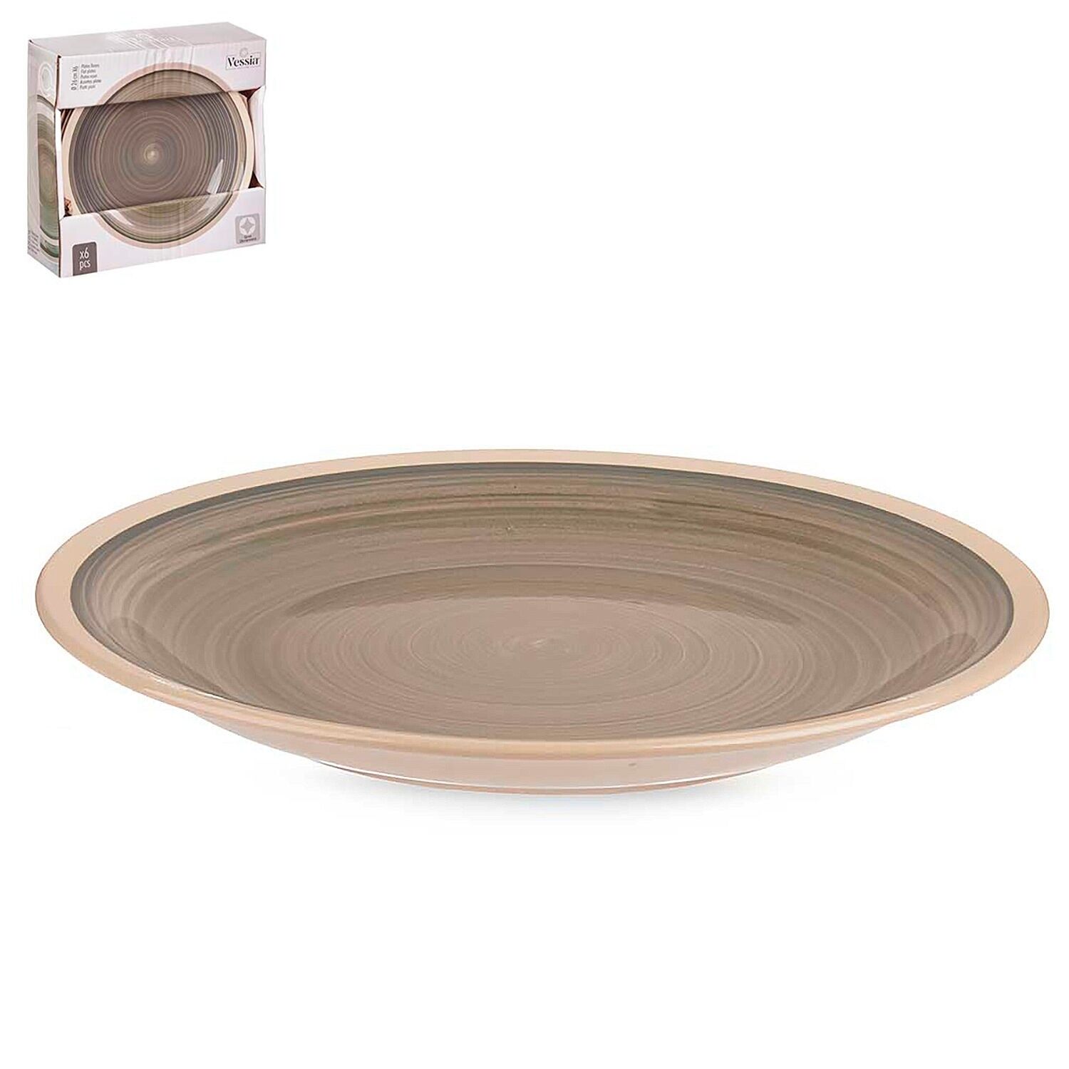 PACK OF 6 LARGE GREY STONEWARE PORCELAIN FLAT PLATES WITH 26CM RIM Color: Grey