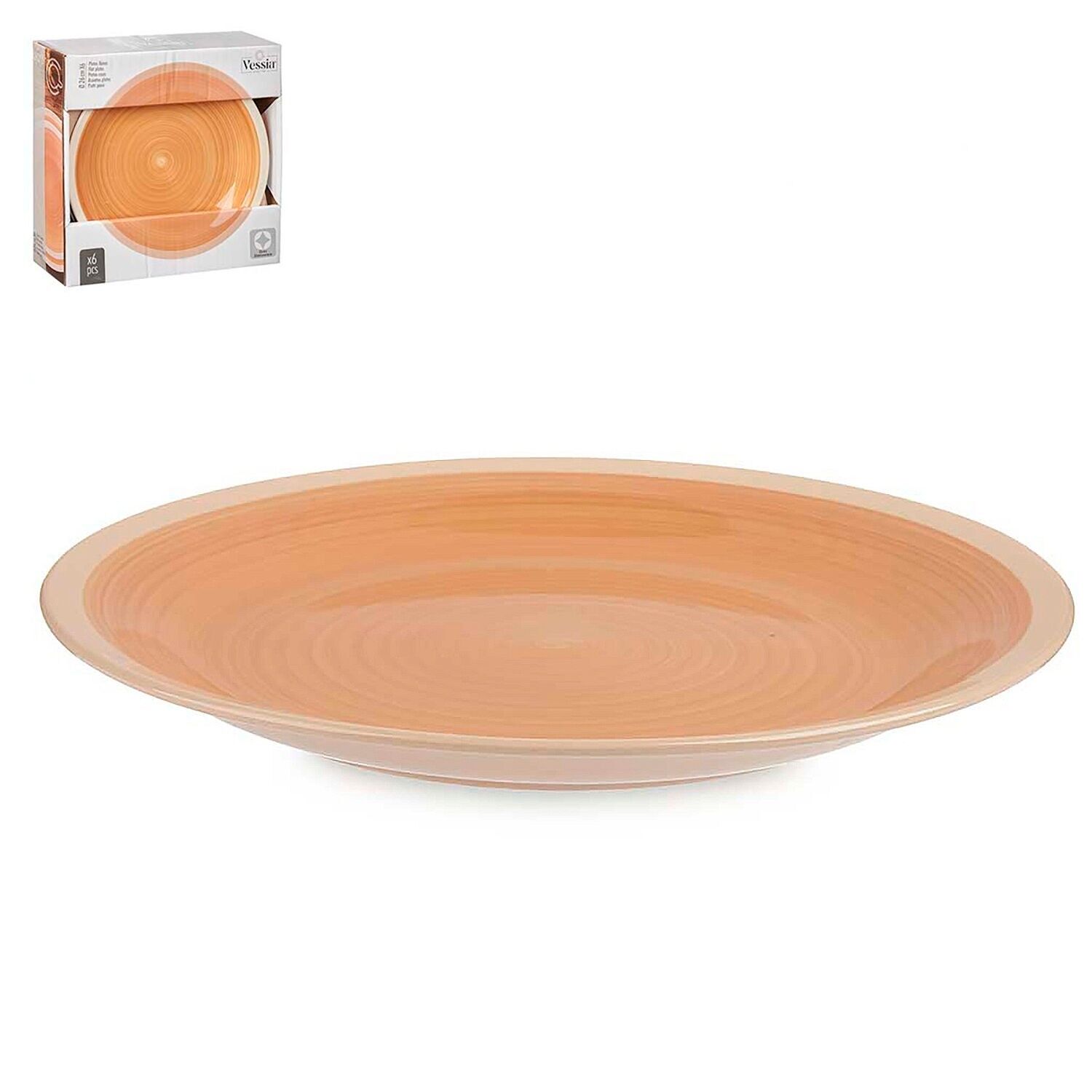 PACK OF 6 LARGE PORCELAIN STONEWARE PLATES WITH BEIGE RIM 26CM Color: Beige