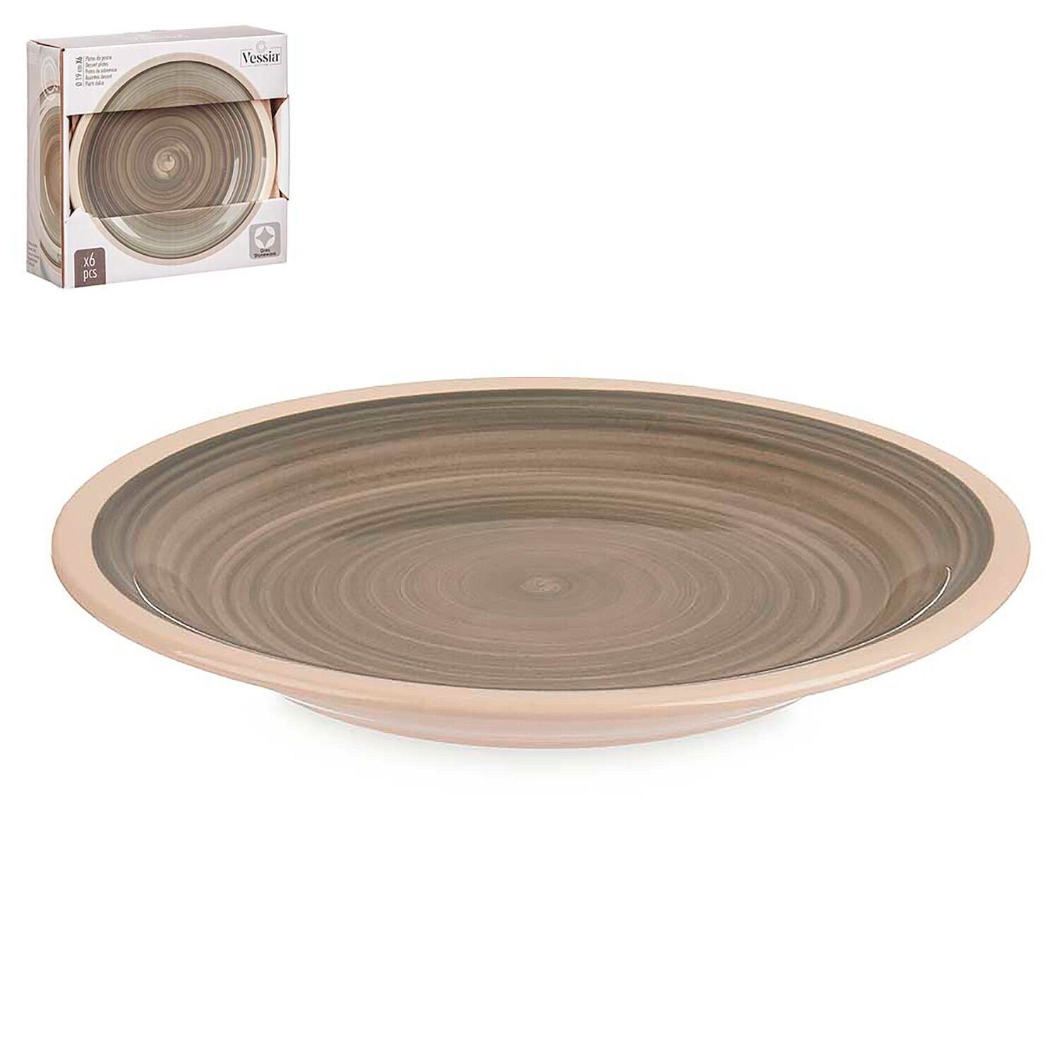PACK OF 6 GREY STONEWARE DESSERT PLATES WITH 19CM RIM Color: Grey