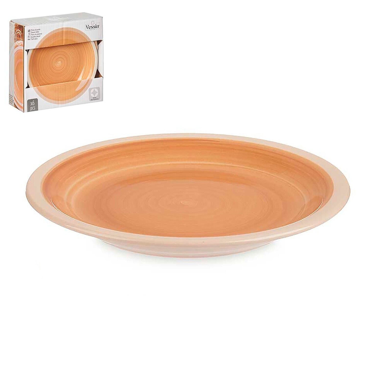 PACK OF 6 BEIGE STONEWARE DESSERT PLATES WITH 19CM RIM Color: Beige