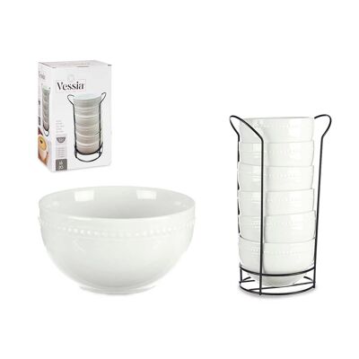 SET OF 6 WHITE PORCELAIN BOWLS 800ML WITH BLACK SUPPORT Color: White