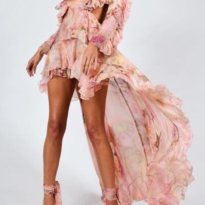 Langes bedrucktes rosa Neckholder-Kleid