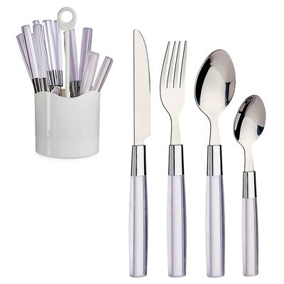 16-piece stainless steel cutlery set with white PS handle. Color: white.