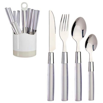 Set di posate in acciaio inox da 16 pezzi con manico in PS grigio. Colore: grigio.