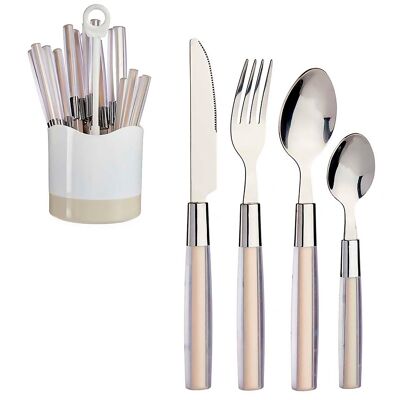 Set di posate in acciaio inox da 16 pezzi con manico in PS beige. Colore: Beige