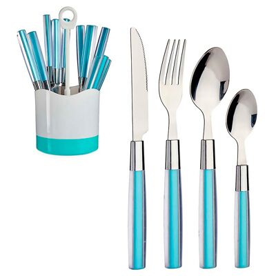 Set di posate in acciaio inox da 16 pezzi con manico in PS blu. Colore: blu.