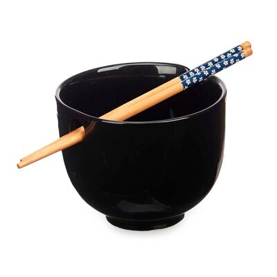 Bol en porcelaine asiatique noire avec baguettes en bambou Couleur : noir