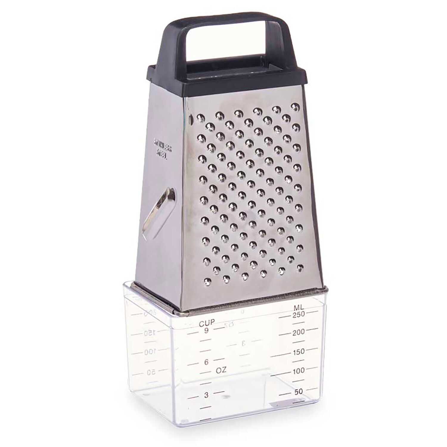 Stahlreibe mit kleinem schwarzen Messbehälter. Farbe: Silber.