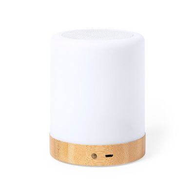 Nature bamboo speaker with multi-coloured smart LEDs. 3 Light Positions. Adjustable Light Intensity. Bluetooth connection. Sound Power 3W.1200 mAh Battery Color: White