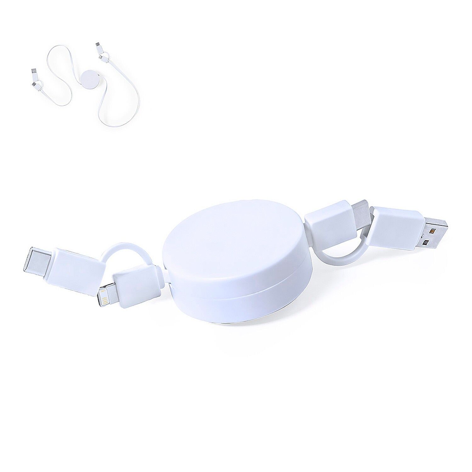 Ladegerät und Datenkabel. Ausziehbares Kabel. 2 Anschlüsse: Micro USB, Typ C und Lightning 9 V DC.1A Farbe: Weiß