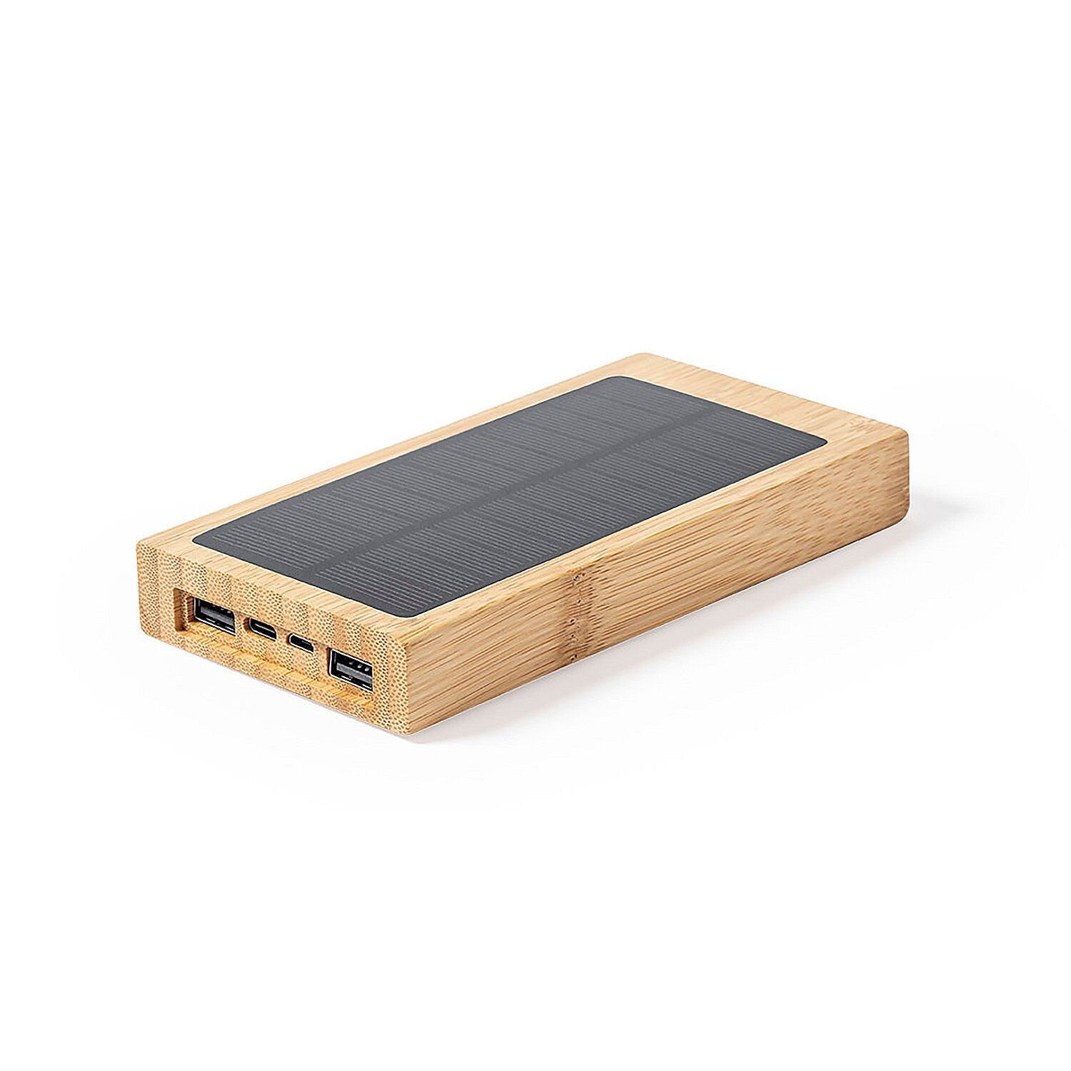 Power Bank Natur Bambus Qi 5W. 10000 mAh. Solaraufladung. 2 USB-Ausgänge und 1 Typ C.Micro USB und Typ C Eingang Farbe: Holz
