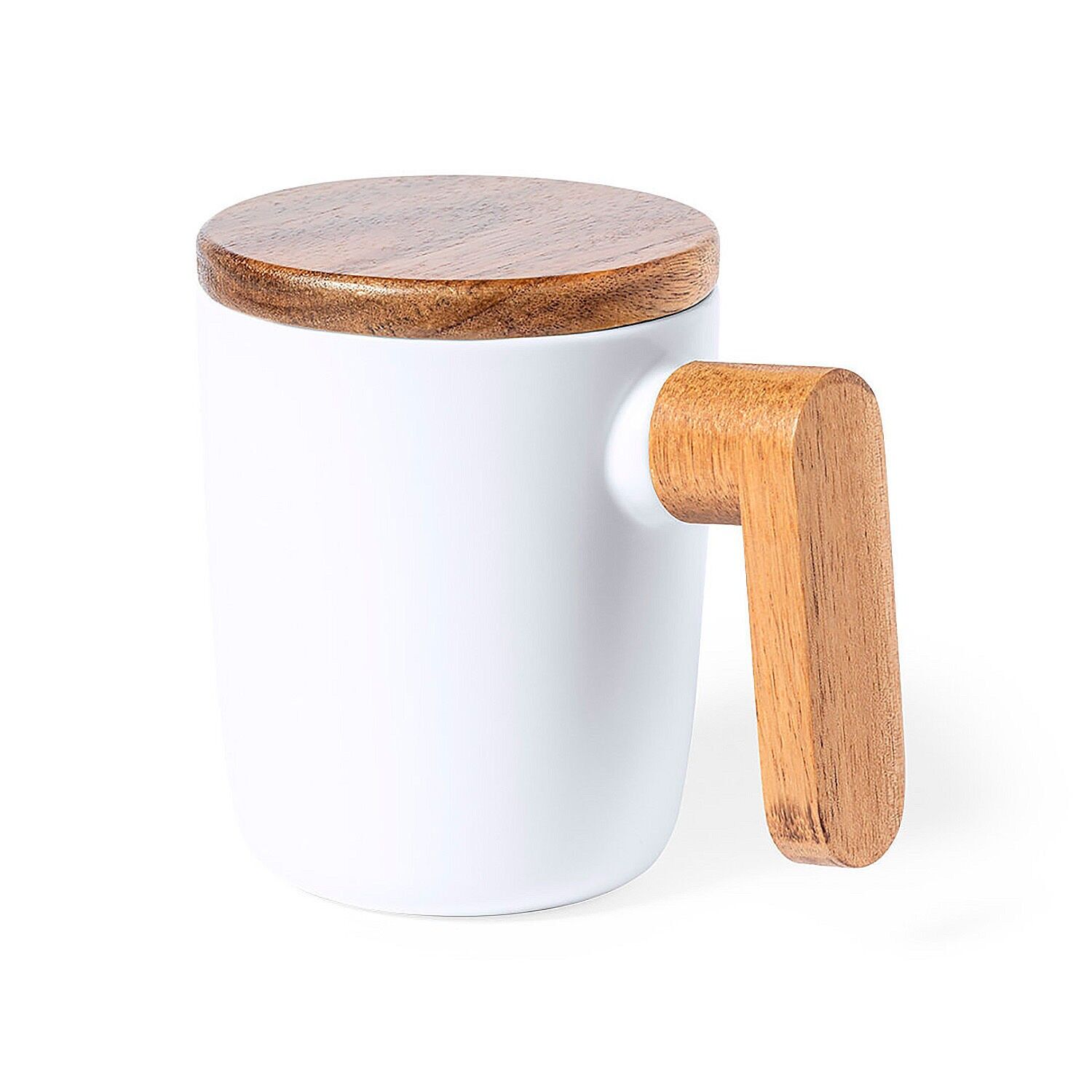 Tazza da 350 ml con coperchio e manici in legno naturale. Colore: bianco.