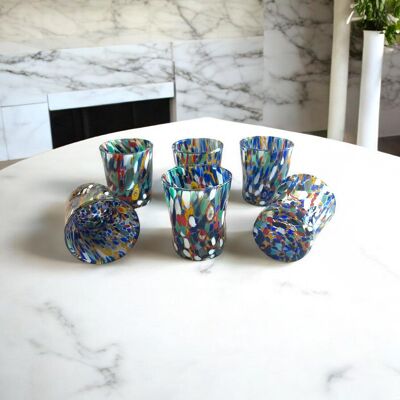 6 Copas de Café Arlequín en Cristal Soplado y Artesanal con Murrine de Murano, línea “I Colori di Murano” 140 ml. Hecho en Italia