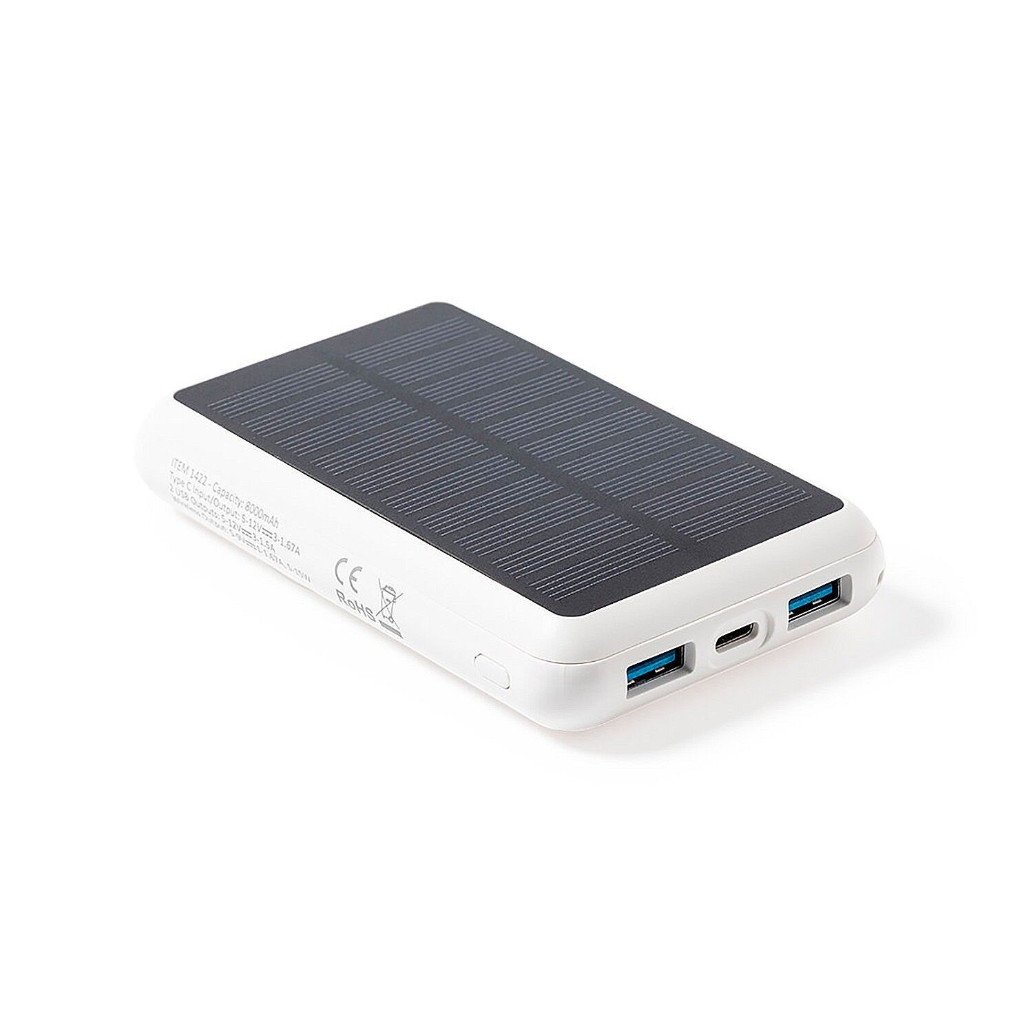 Power bank solare wireless da 15 W. Magnetico. 8000 mAh. 2 uscite USB e 1 Type C.Input di tipo C Colore: bianco