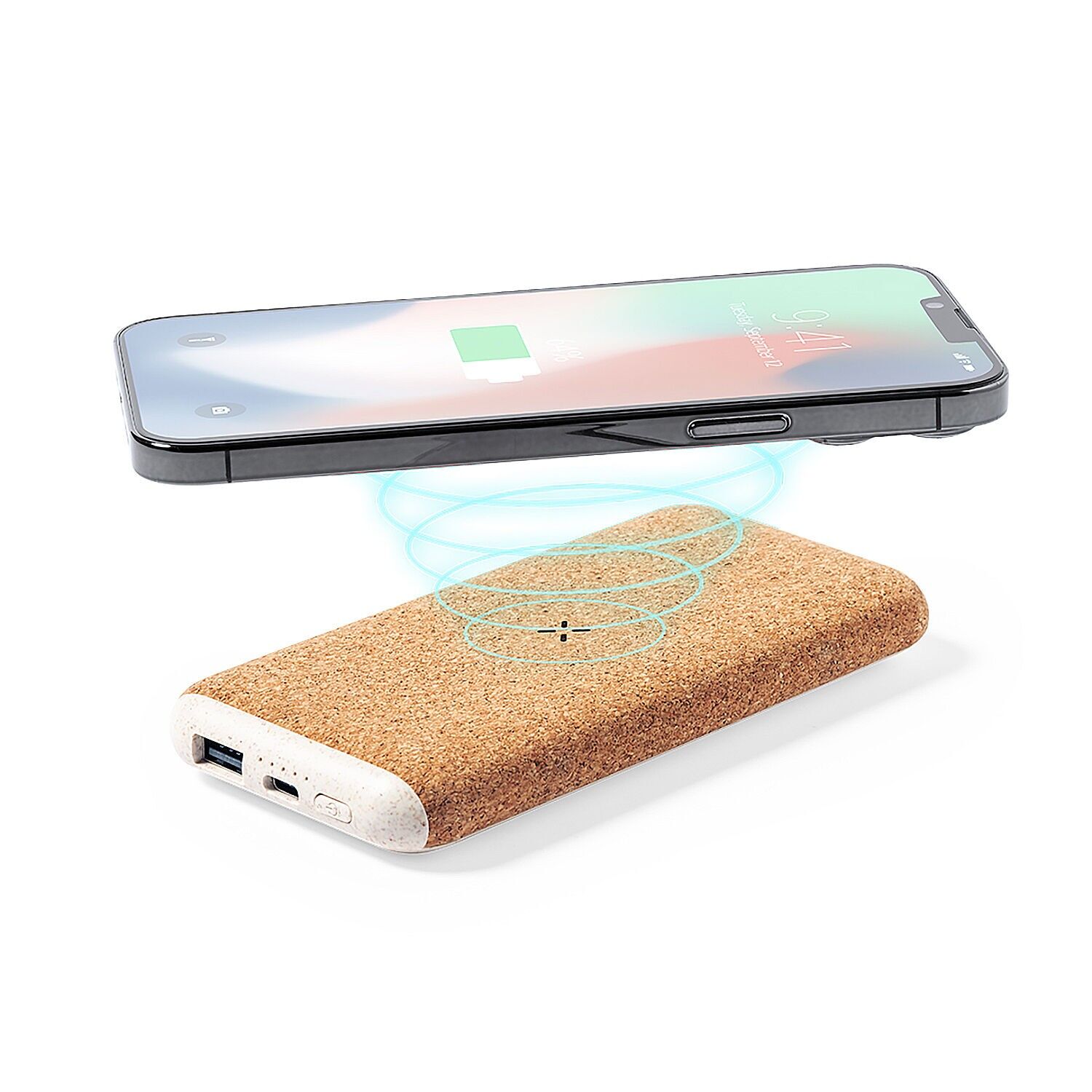 Power Bank natura senza fili 15W. 8000 mAh. 1 uscita USB e 1 Type C.Ingresso tipo C Colore: Legno