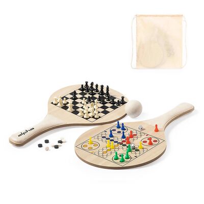 Pecter beach paddles, with chess, checkers and parcheesi.Color: Beige