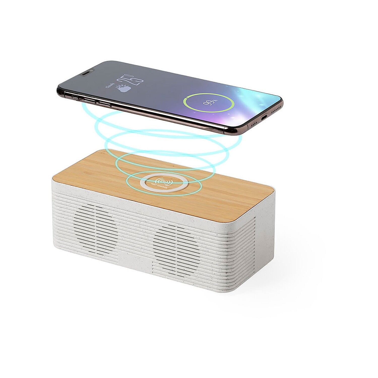 Caricabatterie wireless con altoparlante e ricarica rapida da 10 W. Connessione Bluetooth. Potenza sonora 5W. Batteria 1.200 mAh Colore: Legno