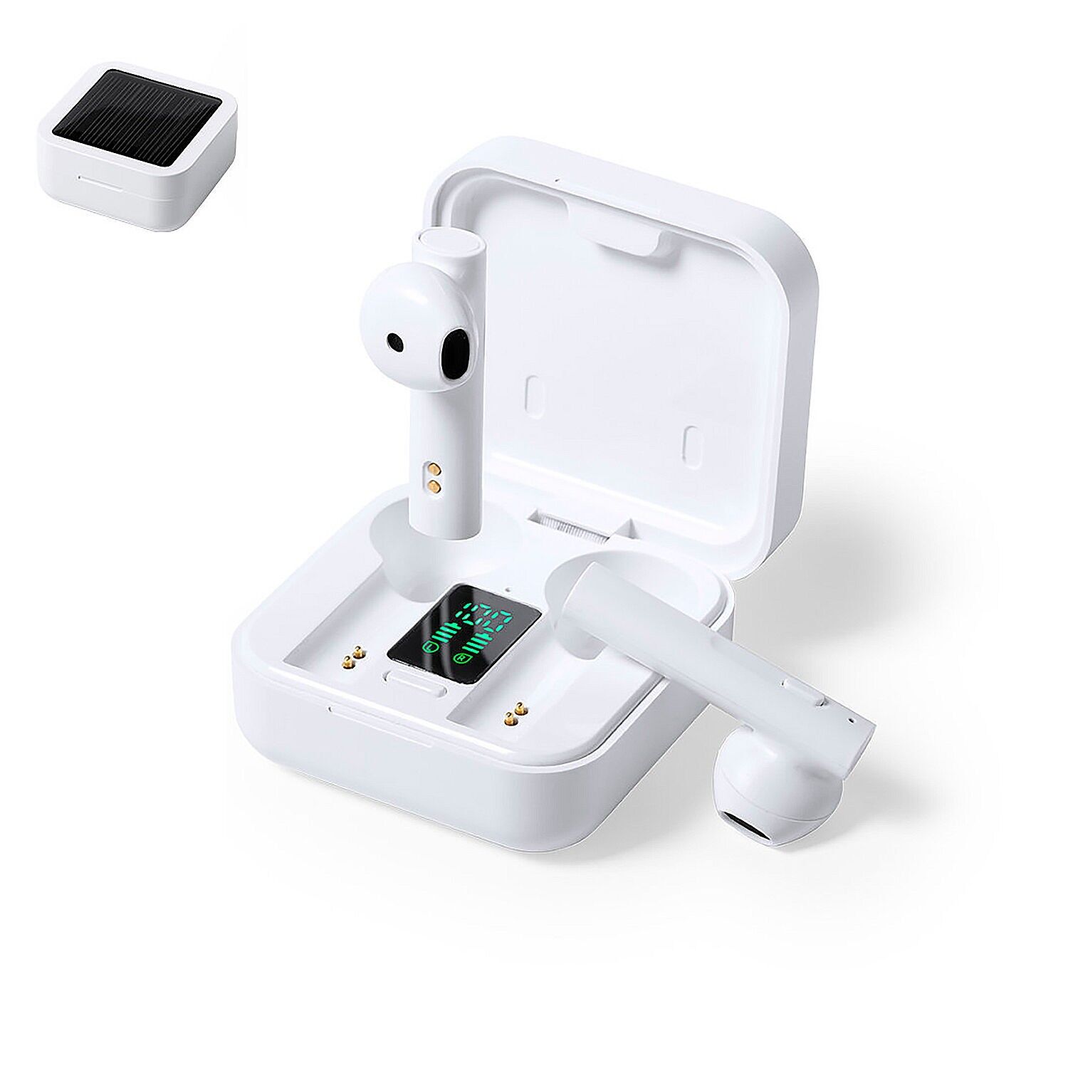 Connexion Bluetooth pour écouteurs. Recharge solaire.Batterie 40 mAh / Base de chargement 260 mAh Couleur : Blanc