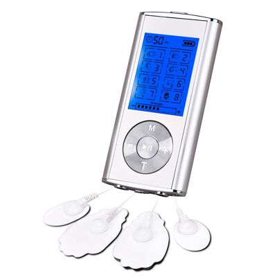 EMS Portable MHD-8 muscle electrostimulator. 8 modes, 10 intensities and 2 dual channels. Compact size, rechargeable battery.Color:Silver